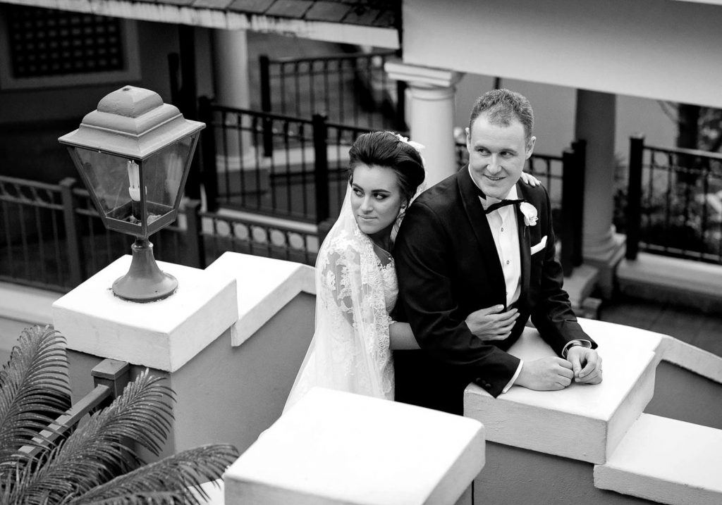 wedding couple on stairs at The Westcliff Hotel