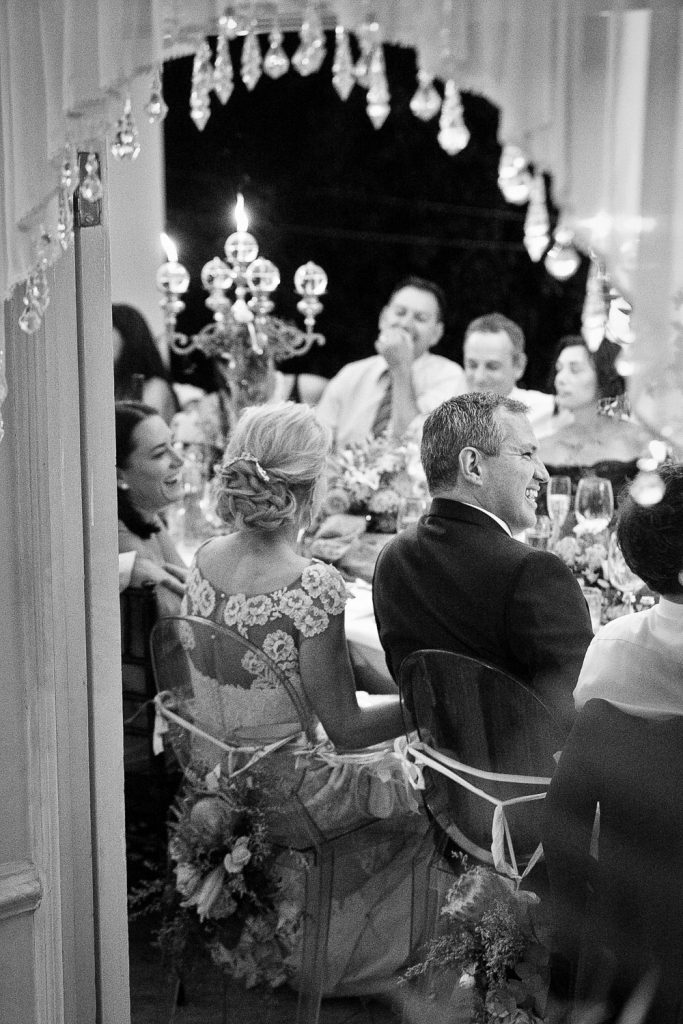 black and white image of wedding guests at Illyria House in Muckleneuk Pretoria