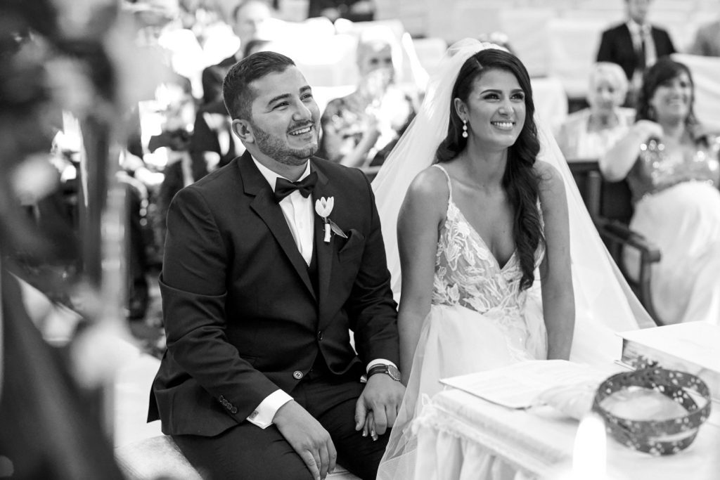 black and white image of wedding couple at Maronite Catholic Church Our Lady Of Cedars Woodmead
