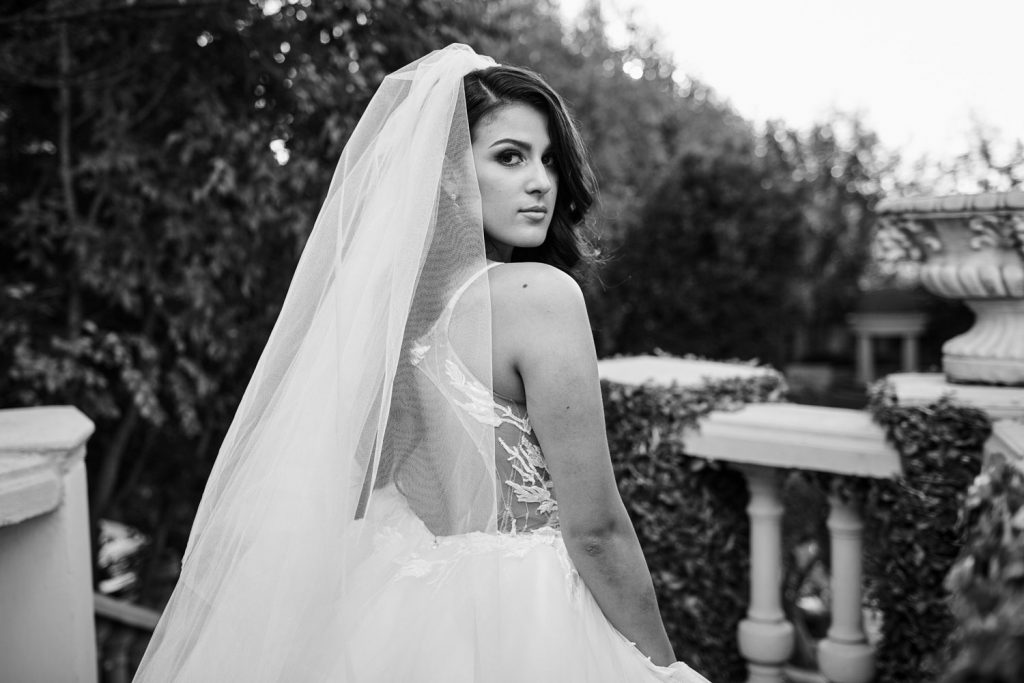black and white image of the bride at Le Chatelat Residence