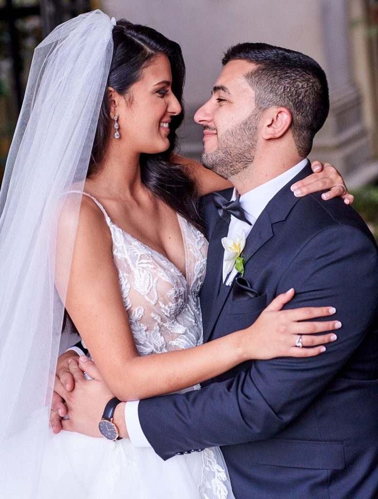 Bride and groom hugging at Le Chatelat Residence