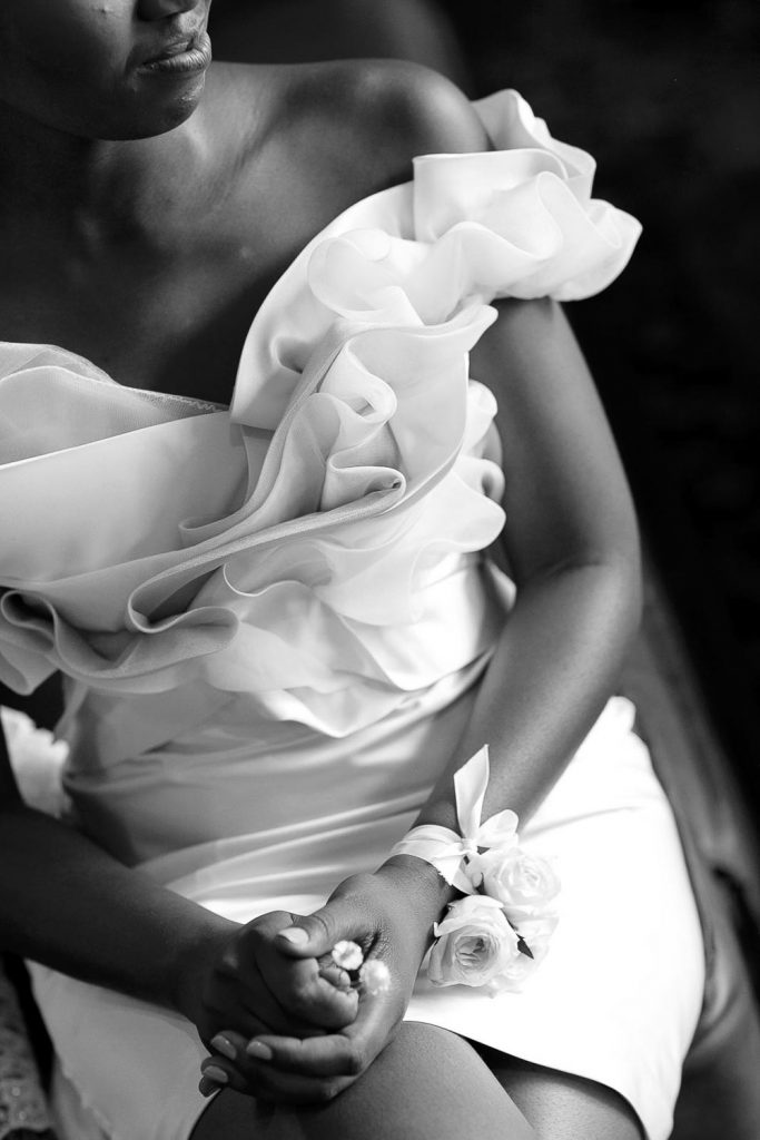 black and white image of bridal dress at the red ivory lodge