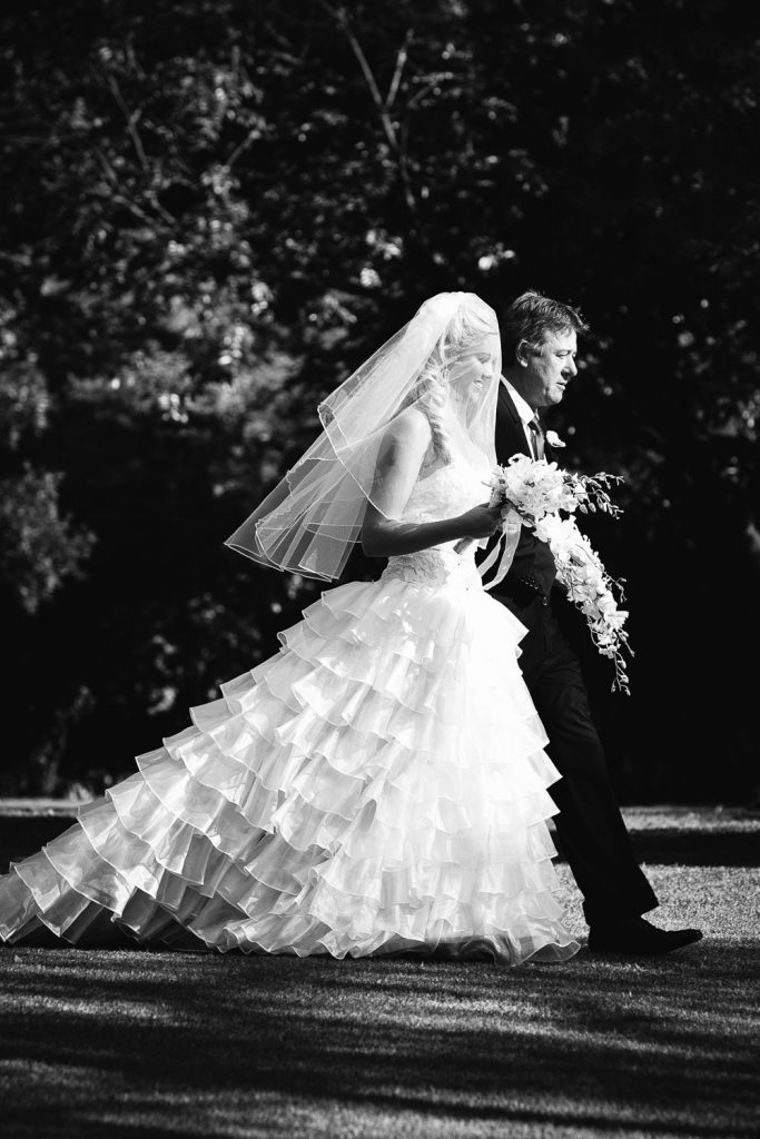 father walking bride to the service at Longmeadow Farm