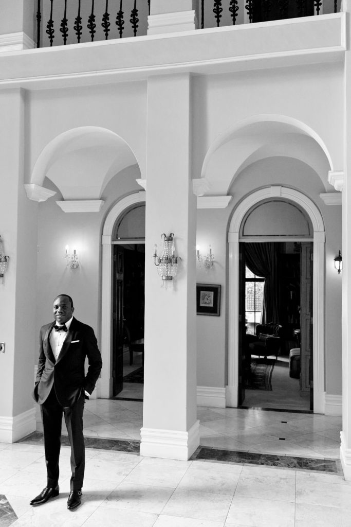 black and white groom portraits at Le Chatelat