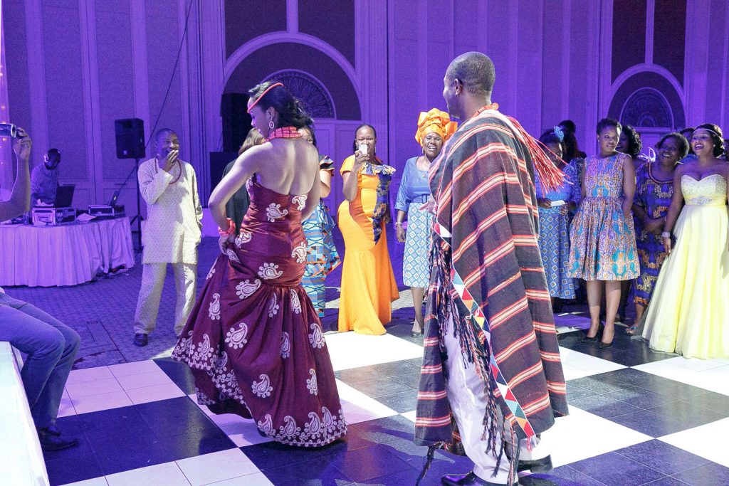 bride and groom in their traditional African wedding attire at the Grand Palm Hotel Botswana