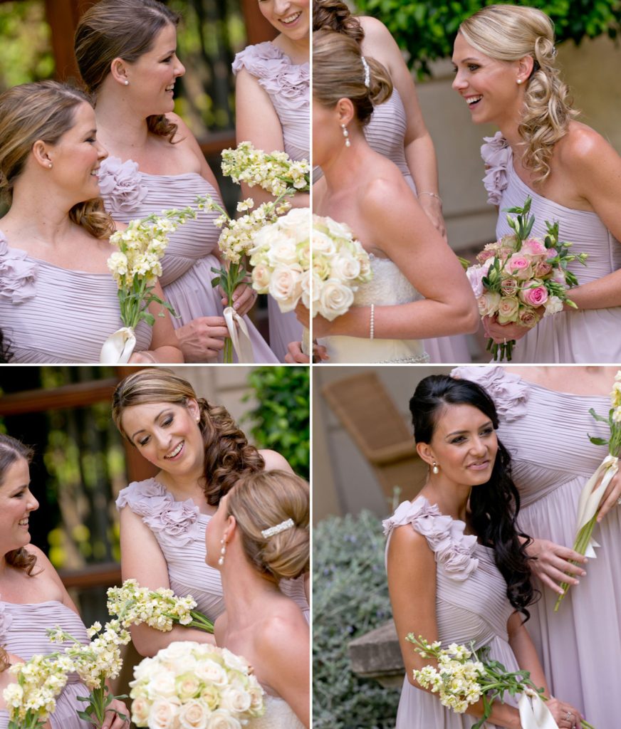 Johannesburg bridesmaids in pink wedding dresess Johannesburg bride posing in front of the fountains at The Palazzo Hotel Montecasino in Johannesburg