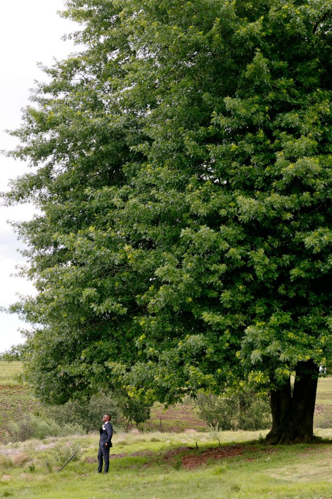 Groom standing under a green tree in the Natal Midlands