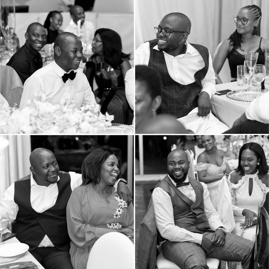 black and white photographs of wedding guests celebrating inside The Glass House at Brahman Hills wedding venue