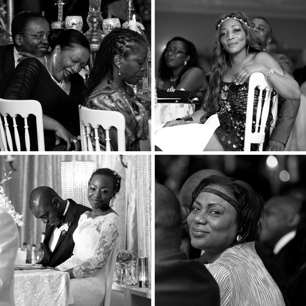black and white reception photographs of guests at a wedding in Johannesburg
