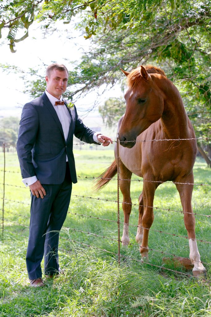 groom in a blue suite standing with a brown horse at Lezar Opstal in Heidelberg