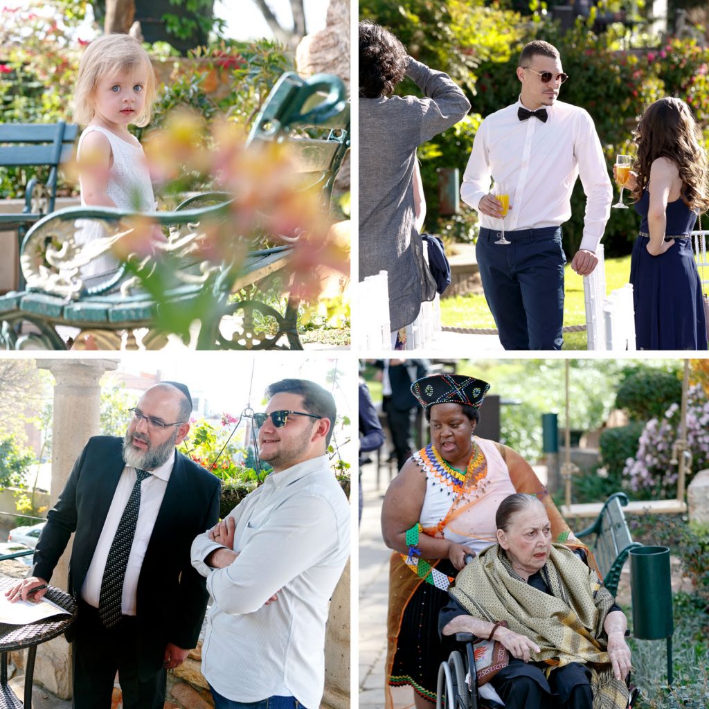 Jewish Wedding guests outside in the sun at Shepstone Gardens