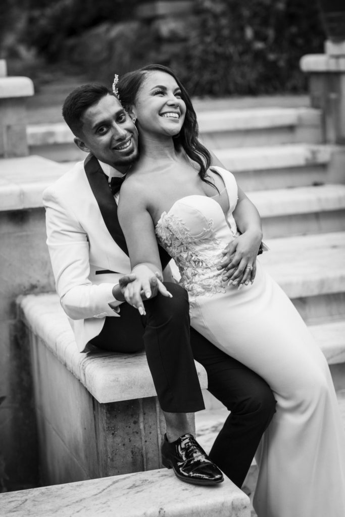 back and white wedding image of couple at Shepstone Gardens
